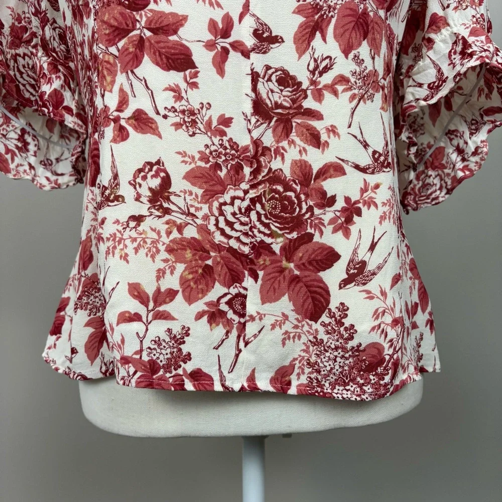 Reformation‎ Top 18 Red Cream Delevan Sweetheart Floral Puff Sleeve Blouse
